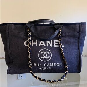 CHANEL Dark Blue Canvas with gold hardware (rare) Deauville Chain Tote Bag